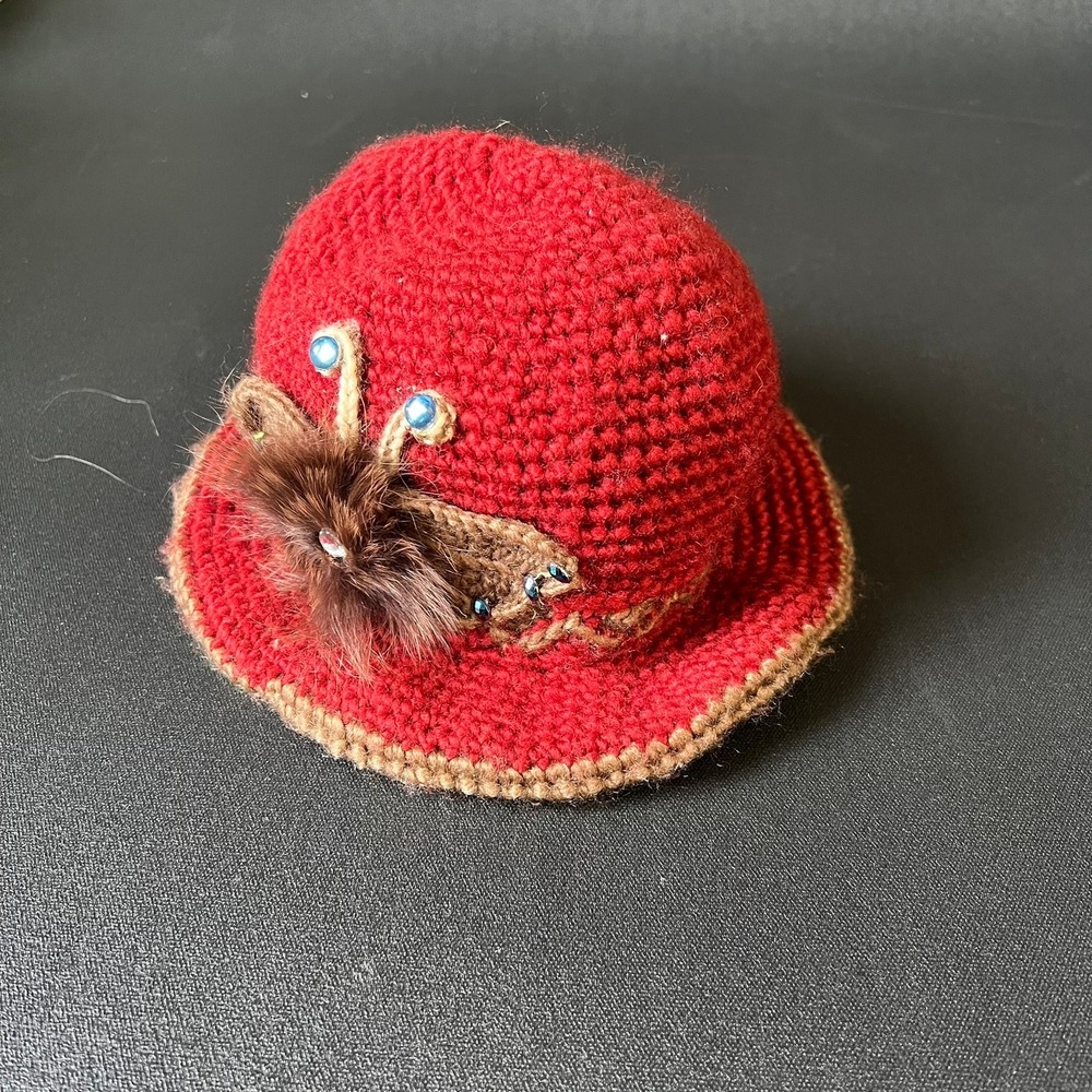Handmade Red Crochet Cloche Hat Butterfly Fur Accent Lined Cottage Eclectic Boho